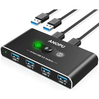 Abbildung von USB 3.0 Switch, ANOPU Aluminium KVM Switch 2 PC Umschalter IN 4 OUT, Premium mit Kabeln, Schnelle Hochgeschwindigkeit, für Tastatur, Maus, Drucker, Festplatte, Stick