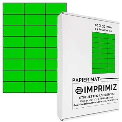 Abbildung von 600 Selbstklebende Etiketten neon grün von 70 x 37 mm 24 Etiketten/Blatt 25 Blatt A4 / Papier matt Farbe Für Inkjet/Laser/Kopier Drucker farbig