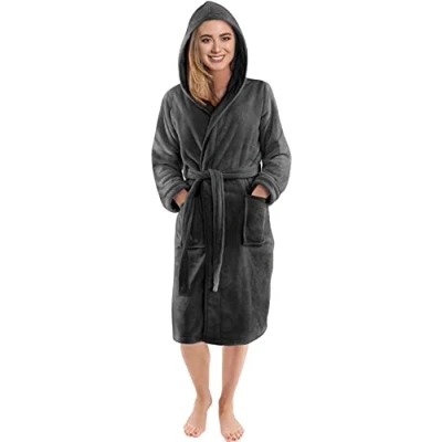 Abbildung von NY Threads Morgenmantel für Frauen mit Kapuze, kuschelig weich, Loungewear und Nachtwäsche (Mittel,Dunkelgrau)