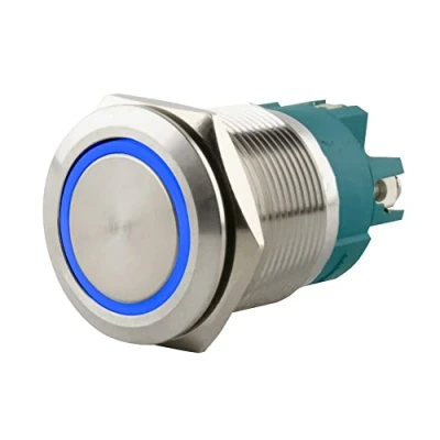 Abbildung von SeKi Edelstahl Drucktaster Ø22mm tastend flacher Kopfform farbig beleuchtetem LED Ring in blau Schraubanschluss; Klingeltaster
