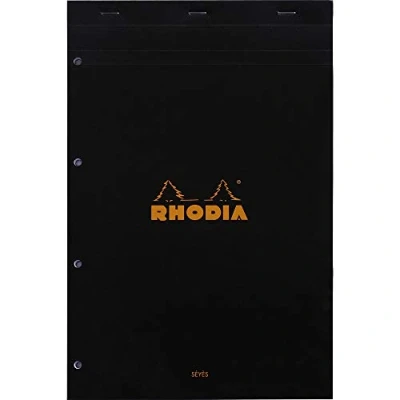Abbildung von Rhodia 201009C Notizblock / Schreibblock N20 DIN A4+, 80 Blatt 80g, französische Lineatur, 4 fach gelocht, abtrennbar und mikroperforiert, mit fester Rückseite aus Karton, Schwarz, 1 Stück