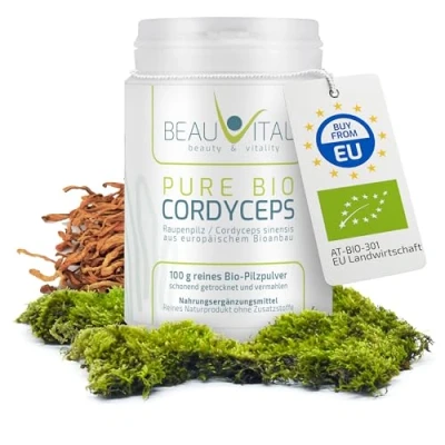 Abbildung von Pure Bio Cordyceps Pulver 100 g sinensis Vitalpilz (Raupenpilz) aus EU Landwirtschaft, vegan, ohne künstliche Zusatzstoffe