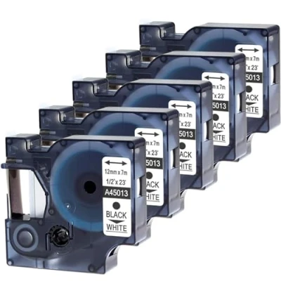 Abbildung von Wonfoucs kompatible mit Dymo D1 45013 12mm x 7m Schwarz auf Weiß Etikettenband als Ersatz für S0720530 45013S LabelManager 160 210D 280 360D 420P Labelpoint 150, 5er Pack
