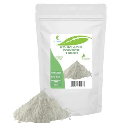 Abbildung von Kojisäure Puder 100 Gr (KOJIC ACID POWDER) kann in Hautpflegeformulierungen zur Aufhellung des Hauttonus, Feuchtigkeitscremes, Cremes, Lotionen, Gele, Flüssigkeiten, Seren