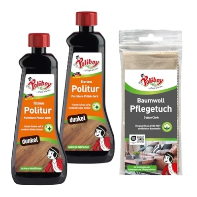 Abbildung von POLIBOY fixneu Politur dunkel Möbelpolitur für dunkle lackierte Hölzer farbauffrischende Holzpolitur 2x 500ml Mit Baumwolltuch Made in Germany