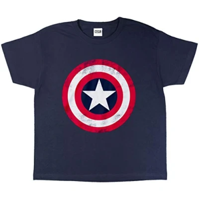 Abbildung von Popgear Jungen Marvel Avengers Assemble Captain America Distressed Shield Boys T shirt Navy Shirt, Navy, 11 12 years
