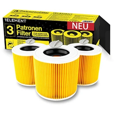 Abbildung von 3 Filter für Kärcher Staubsauger [WD3, WD2, WD1, MV3, MV2, A, K, KNT, NT, SE, VC] Rundfilter + Verschluss Schrauben Allergiker gegen Feinstaub/Gerüche [WD 2 1 MV] von 1ELEMENT