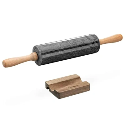 Abbildung von Navaris Teigrolle und Ablage Marmor Stein Nudelrolle mit Holzgriffen Set aus Nudelholz Handy Halterung Ständer für Fondantrollen schwarz