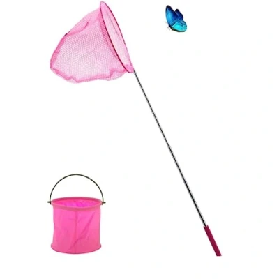 Abbildung von Klein Fangnetz Outdoor Kinder Schmetterling Net Teleskopnetze, Schmetterlingsnetz mit Klappeimer Rosa