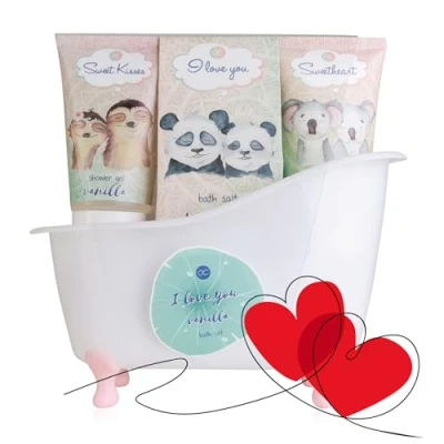Abbildung von Accentra I LOVE YOU Bade &amp; Duschset mit Vanilleduft Geschenkset für Frauen zum Geburtstag Valentinstag 5 Teiliges Wellness Pflegeset Mini Deko Badewanne