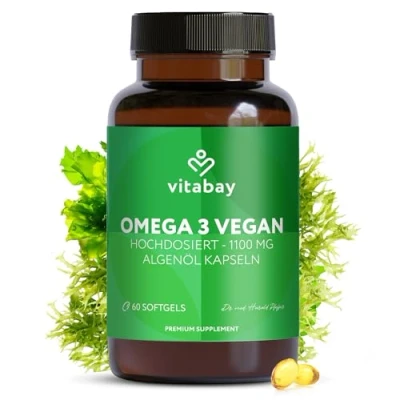 Abbildung von Vitabay Omega 3 Kapseln Hochdosiert Vegan 60 Algenöl 1100mg mit DHA EPA Omega3 Veganes