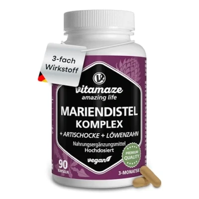Abbildung von Mariendistel Komplex mit Artischocke + Löwenzahn hochdosiert, 80% Silymarin, 250 mg Extrakt in veganen Kapseln, Natürliche Nahrungsergänzung ohne Zusatzstoffe, Made Germany