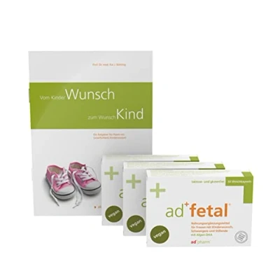 Abbildung von adfetal vegan pränatal Folsäure Jod Vitamin D DHA Optimal versorgt bei Kinderwunsch Schwangerschaft &amp; Stillzeit 90 Weichkapseln + Buch von Prof. Bühling