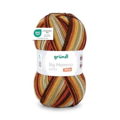 Abbildung von Gründl Wolle Big Mamma Print XXL zum Stricken Großknäuel 400 g / 1040 m Farbverlauf aus 100% Polyacryl senf kürbis kupfer rehbraun moos