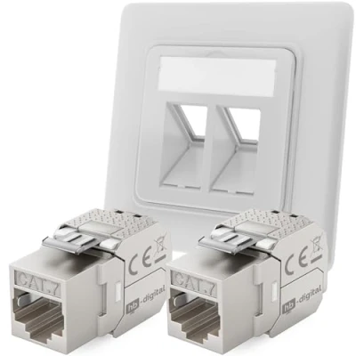 Abbildung von hb digital 2 Port CAT 7 Netzwerkdose unterputz RAL9003 + 2X Keystone RJ45 Modul LAN Ethernet Dose Buchse Einbaubuchse für 5e 6 6a max. 10 Gbit/s STP Signalweiß