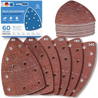 Abbildung von EffektWerk Delta Schleifpapiere (60er Pack, 11 Löcher), 105 x 152 mm, dreieckige Schleifpads für Mausschleifer, mehrere Körnungen (40, 60, 80, 120, 180, 240)
