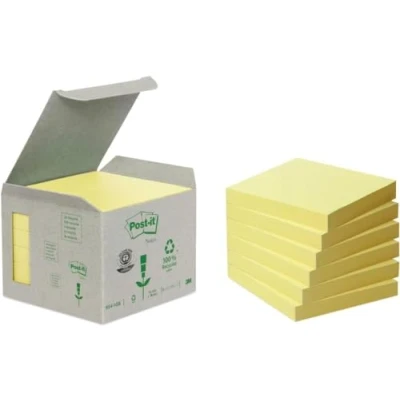 Abbildung von Post it Recycling Notes Kanariengelb, Packung mit 6 Blöcken, 100 Blatt pro Block, 76 mm x mm, Farbe: Gelb Selbstklebende Notizzettel aus 100% Recyclingpapier