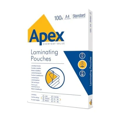 Abbildung von Fellowes Apex A4 Laminierfolien, glänzende Oberfläche, 100 Blatt, Standard A4, Ideal für Fotos und Informationshinweise mit optimalem Kontrast