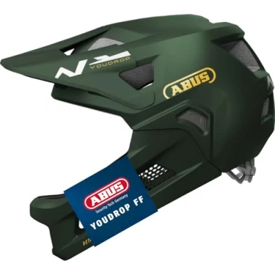 Abbildung von ABUS MTB Helm YouDrop FF Fullface für Kinder und Jugendliche den Einstieg in Mountainbikesport mit abnehmbarem Kinnschutz Grün, Größe S