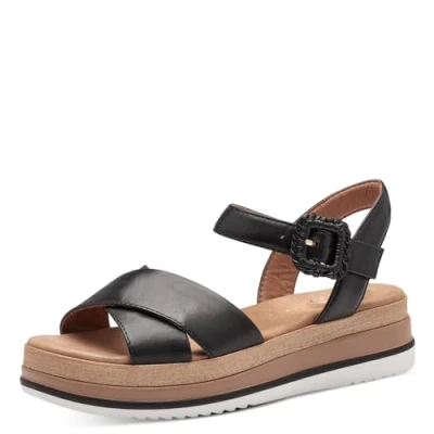 Abbildung von Tamaris COMFORT Damen Sandalen flach aus Leder mit Klettverschluss, Schwarz (Black), 38 EU