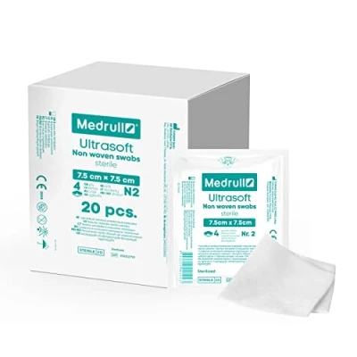 Abbildung von Medrull Kompressen nicht gewebt STERIL ULTRASOFT Wundauflagen 4 lagig 7.5cm x Verpackt 2 Stück 20 Papierbeuteln (40 Stück)