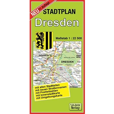 Abbildung von Stadtplan Dresden: Maßstab 1:22500: mit allen Stadtteilen, neuen Straßennamen, Postleitzahlen, Innenstadtkarte, Umgebungskarte
