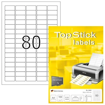 Abbildung von TopStick 8660 Universal Etiketten, 100 Blatt, 35,6 x 16,9 mm, 80 pro A4 Bogen, 8000 Stück, selbstklebend, bedruckbar, matt, blanko Papier Klebeetiketten Aufkleber, weiß