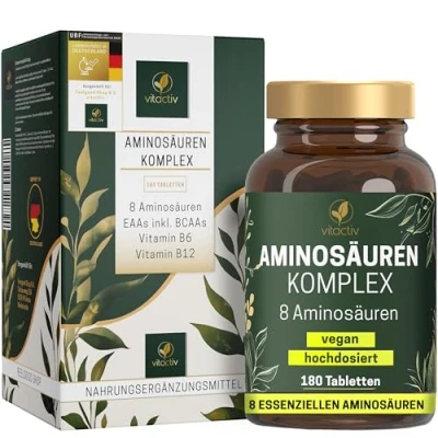 Abbildung von VITACTIV Aminosäuren Komplex Hochdosiert 180 Tabletten, ca. 6000mg pro Tag 8 essentielle EAA, plus 4 Cofaktoren Vitamin B6, B12 Für Sport &amp; Aktivität Vegan, Laborgeprüft