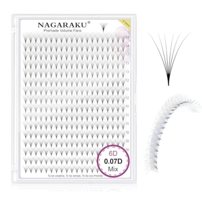 Abbildung von NAGARAKU 6D Vorgefertigte Fächer Wimpern 320 Fans Volumen Premade Langer Stiel Dünne Basis Spitz Natürliche Flauschige Fertigfächer Wimpernverlängerung Schwarz 16 Reihen Box XL(0.07 D 9 14mm)