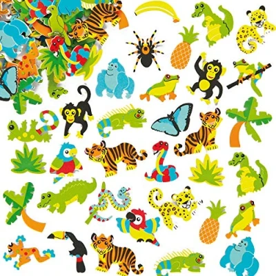 Abbildung von Baker Ross Aufkleber aus Moosgummi Regenwald Sticker Set zum Basteln für Kinder und als Dekoration 100 Stück