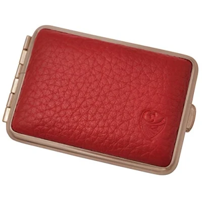 Abbildung von GERMANUS Pillendose Etui, Made in Germany, Kleines Rind Pillenbox für Tabletten, Stahl mit braunem Leder, Tabak Schnupftabak Rot