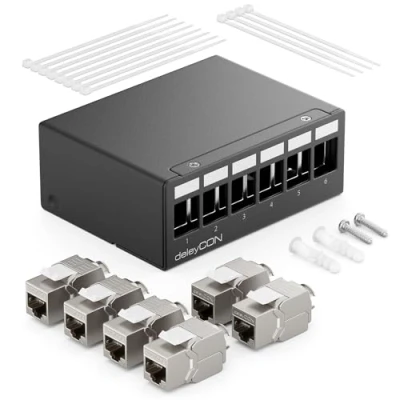 Abbildung von deleyCON 6 Port CAT7 Patchpanel Set mit 6x CAT.7 RJ45 Keystone Jack Modul STP 10 Gbit/s Verteilerfeld Kompatibel Verlegekabel CAT6 CAT6a CAT8 Ethernet LAN DSL Netzwerkkabel Schwarz