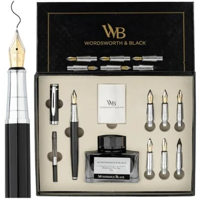 Abbildung von Wordsworth &amp; Black Kalligraphie Stift, Geschenkset, inklusive Tintenflasche, 6 Tintenpatronen, 1 Tinten Nachfüllkonverter, Ersatzspitzen, Premium Paket, Journaling, [Schwarz Chrom]