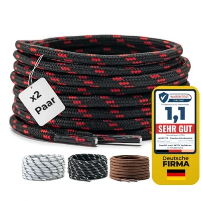 Abbildung von LaceHype 2 Paar Premium Runde Schnürsenkel [ Ø4,5 mm ] Polyester für Arbeitsschuhe, Stiefel, Outdoorschuhe und Sportschuhe reißfeste Schuhbänder (Schwarz/Rot, 150cm)