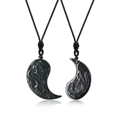 Abbildung von COAI Geschenkideen Glückskette aus Obsidian Taichi Yin und Yang Drachen Phönix Gravur Anhänger EIN Paar Partner Ketten