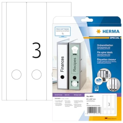 Abbildung von HERMA 4831 Ordnerrücken Etiketten lang breit, 25 Blatt, 61 x 297 mm, 3 pro A4 Bogen, 75 Stück, selbstklebend, bedruckbar, blickdicht, Inkjet Ordneretiketten Rückenschilder Spezialpapier Aufkleber weiß