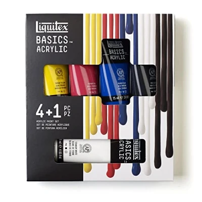 Abbildung von Liquitex 3699406 Basics Acrylfarbe, monopigmentierte Künstlerpigmente, lichtecht, mittlere Viskosität, seidenglänzender Finish 4 Farben in 75ml + 1 X 118ml Tuben, Acrylfarben Set