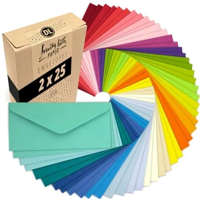 Abbildung von Japun 50 farbige Briefumschläge im Set (2 x 25 Farben) aus Papier, Kuvert, Umschlag ohne Fenster DIN lang 220 110 mm 120 g/m² bunt