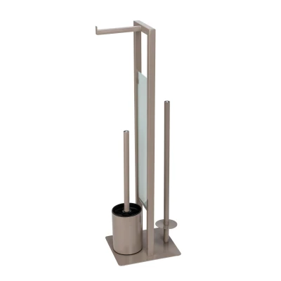 Abbildung von WENKO Stand WC Garnitur Mod. Rivalta, mit Toilettenbürste, Toilettenpapier und Ersatzrollenhalter, matt lackierter Stahl, Trennplatte aus Sicherheitsglas, 18 x 70 23 cm, Taupe