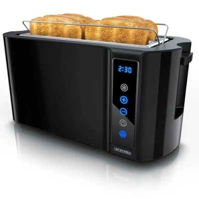 Abbildung von Arendo Edelstahl Toaster Langschlitz 4 Scheiben Touchscreen Doppelwandgehäuse Brötchenaufsatz 7 Bräunungsgrade Brotzentrierung Restzeitanzeige Memoryfunktion Klavierlack Schwarz