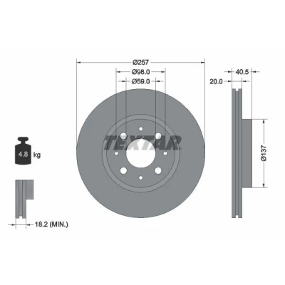 Abbildung von TEXTAR PRO 92068503 Bremsscheibe 257 20 04/08 98 innenbelüftet beschichtet ohne Radbefestigungsbolzen, Radnabe FIAT: Punto II Hatchback