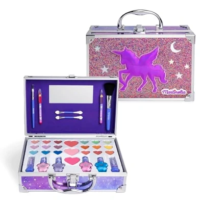 Abbildung von MARTINELIA Make up Palette für Kinder Galaxy Set Mädchen: Lippenstift, Lidschatten, Nagellack Kinder, Rouge mit Spiegel Koffer aus Metall