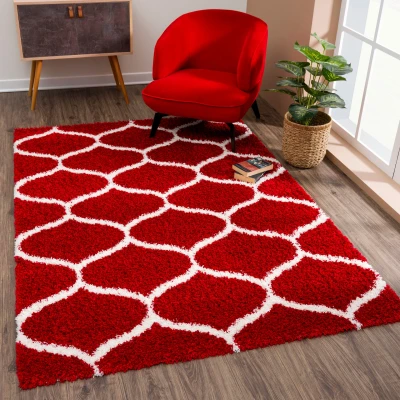 Abbildung von SANAT Madrid Shaggy Teppich Hochflor Teppiche für Wohnzimmer, Schlafzimmer, Küche Rot, Größe: 80x150 cm
