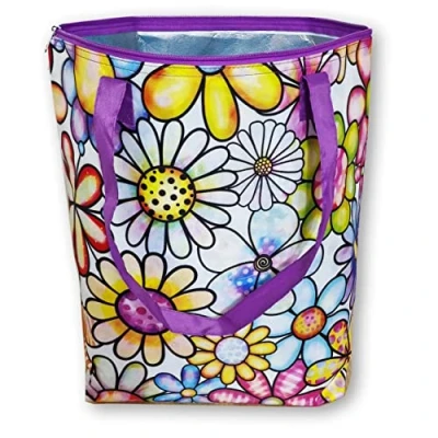 Abbildung von Wiederverwendbarer Faltbarer Kühler, Einkaufstasche, Strandtasche, leicht und langlebig, mit innerem Aluminiumfutter für perfekte Kühlfunktion 25 l, Motiv „Rainbow Daisy“