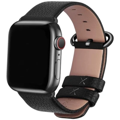 Abbildung von Fullmosa kompatibel mit Apple Watch Armband 41mm Series 9 8 7,Series SE 6/5/4 40mm,Series 3/2/1 38mm, Leder Ersatzarmband für iwatch Band, Schwarz+graue Schnalle