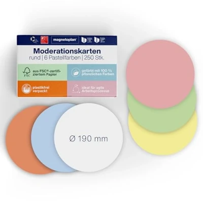 Abbildung von magnetoplan Moderationskarten, rund Ø 190mm 250 Stück Moderationskarten in 6 Pastellfarben Für Meetings und Präsentationen FSC zertifiziert kunststofffrei verpackt
