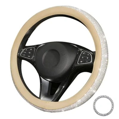 Abbildung von Pahajim Universal Crystal Lenkrad Abdeckung, Leder Abdeckung mit Bling Strass, Glitter Auto für Mädchen Damen 38cm(Beige Weiß)