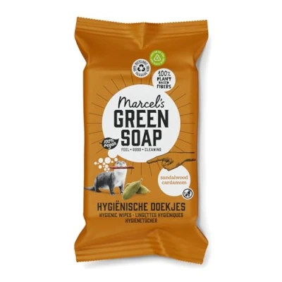 Abbildung von Marcel&#039;s Green Soap Hygienische Feuchttücher Biologisch abbaubare Tücher Sandelholz &amp; Kardamom Auf Pflanzenbasis Umweltfreundliche Reinigungstücher Packung mit 60 Stück