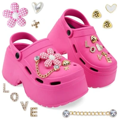 Abbildung von CityComfort Platform Clogs Damen, Sommerschuhe mit Ansteckern &amp; Schuh Schmuck (Rosa, 36 37 EU)