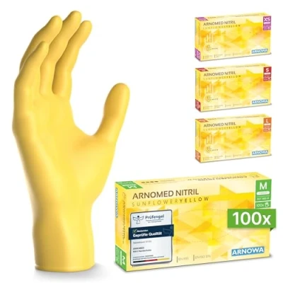 Abbildung von ARNOMED Einweghandschuhe Gelb 100 Stück/Box, Nitrilhandschuhe M, Einmalhandschuhe, Handschuhe Einweg puderfrei, latexfreie Gummihandschuhe, in XS, S, M &amp; L verfügbar